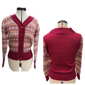 Vintage Pandora V Neck Knit Sweater Cardigan  Women's Small Burgundy Pink